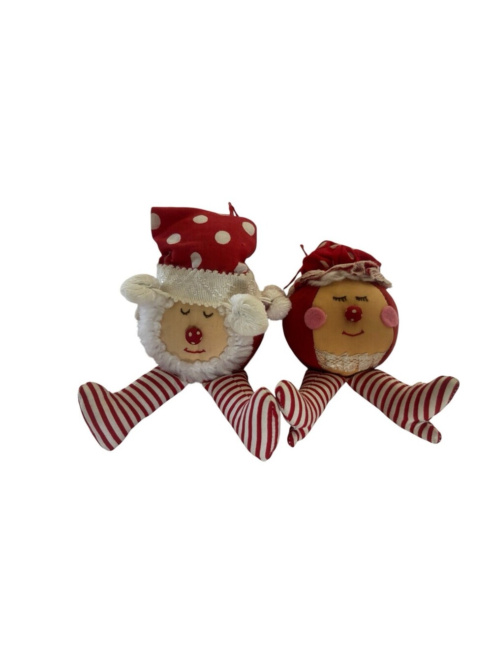 Kitschy Christmas Mr. Mrs. Claus Round Cloth Dolls Shelf Sitters Or Ornaments 5”